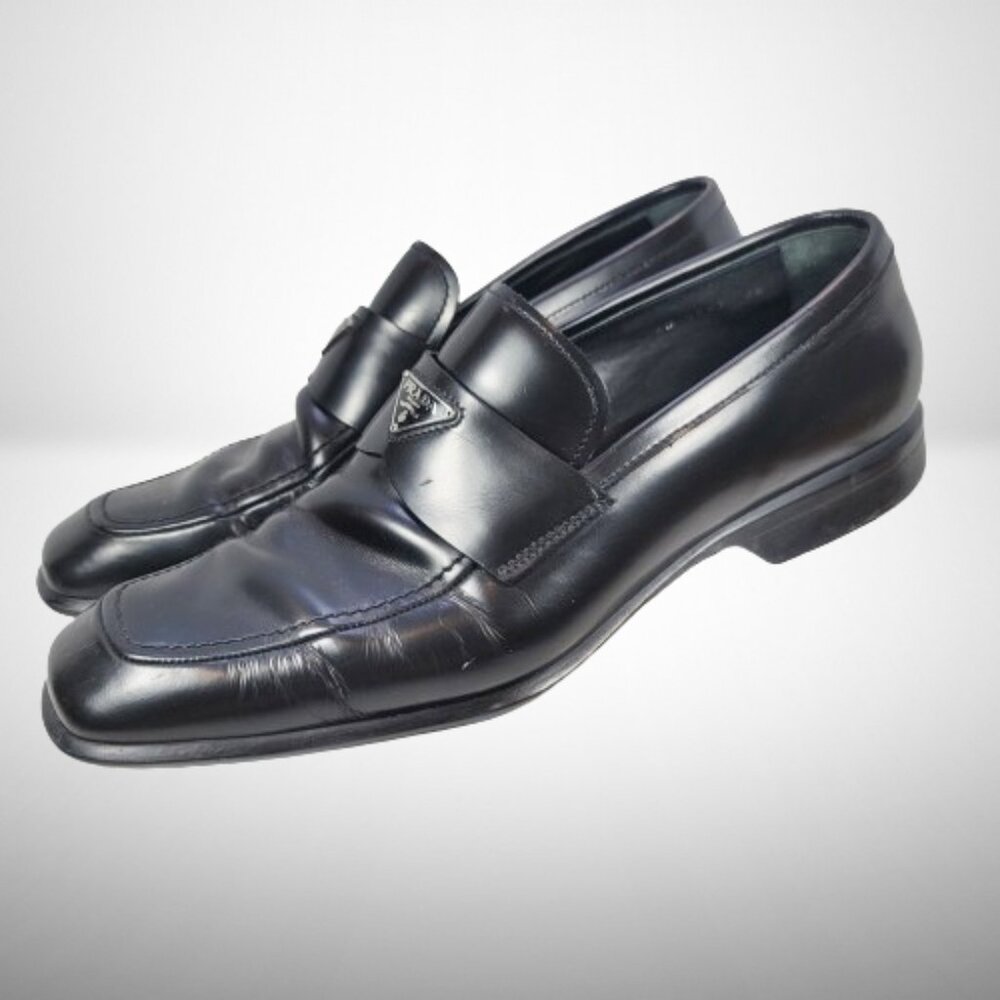 FAIR CONDITION Prada Brushed Leather Triangle Logo Loafers Size: 8.5 - Picture 9 of 16